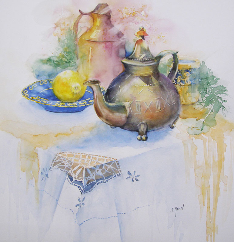 Tableau de peinture aquarelle : L’heure du thé – 50×50