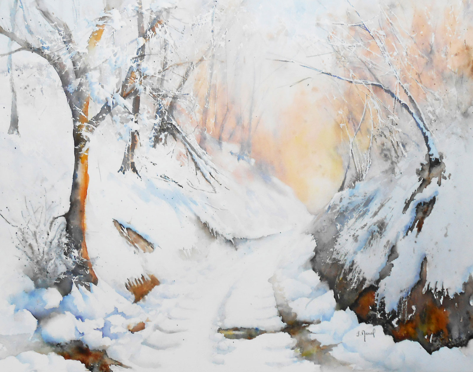 tableau aquarelle neige au petit bois